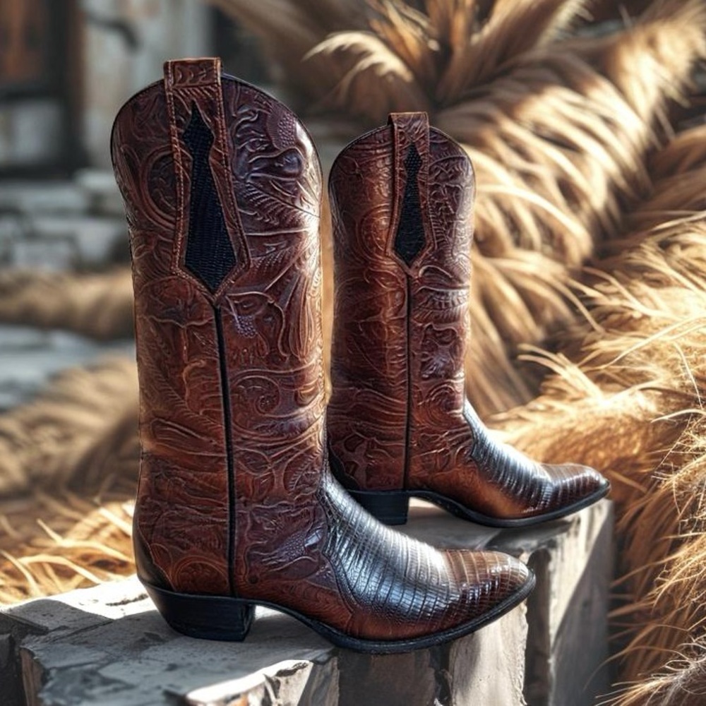 Women’s Size 8 M - Larry Mahan Vintage Cowboy Western Boots Tooled Leather